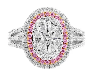 18k White Rose Gold Pink and White Diamond Oval Cluster Ring