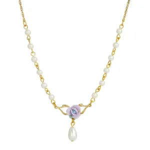 1928 Jewelry Porcelain Rose 4mm Faux Pearl Drop Necklace 16"   3" Extender