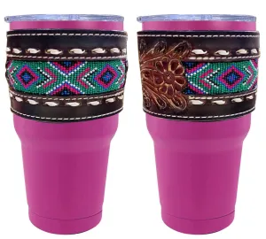 30 oz Insulated Pink Tumbler with Removable Argentina Cow Leather Beaded Inlay Sleeve.
