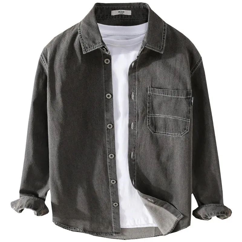 Aidase Dark Gray Distrssed Washed Denim Shirt Men's Clothing Simple Casual Wear Retro Cargo Jeans Tops Long Sleeve Oversize Fashion