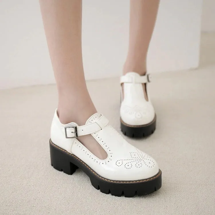 Alternative Fashion Brogue Round Toe Flats with Buckle Strap / Aesthetic Shoes for Women