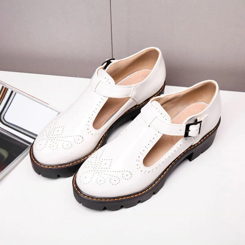 Alternative Fashion Brogue Round Toe Flats with Buckle Strap / Aesthetic Shoes for Women