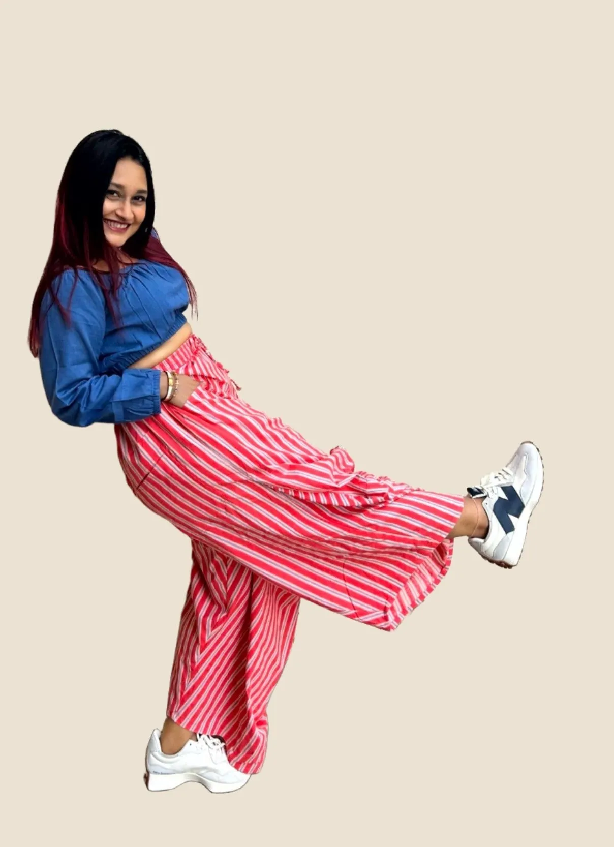 Amani Cowl Handloom Cotton Pants With Elastic- Red