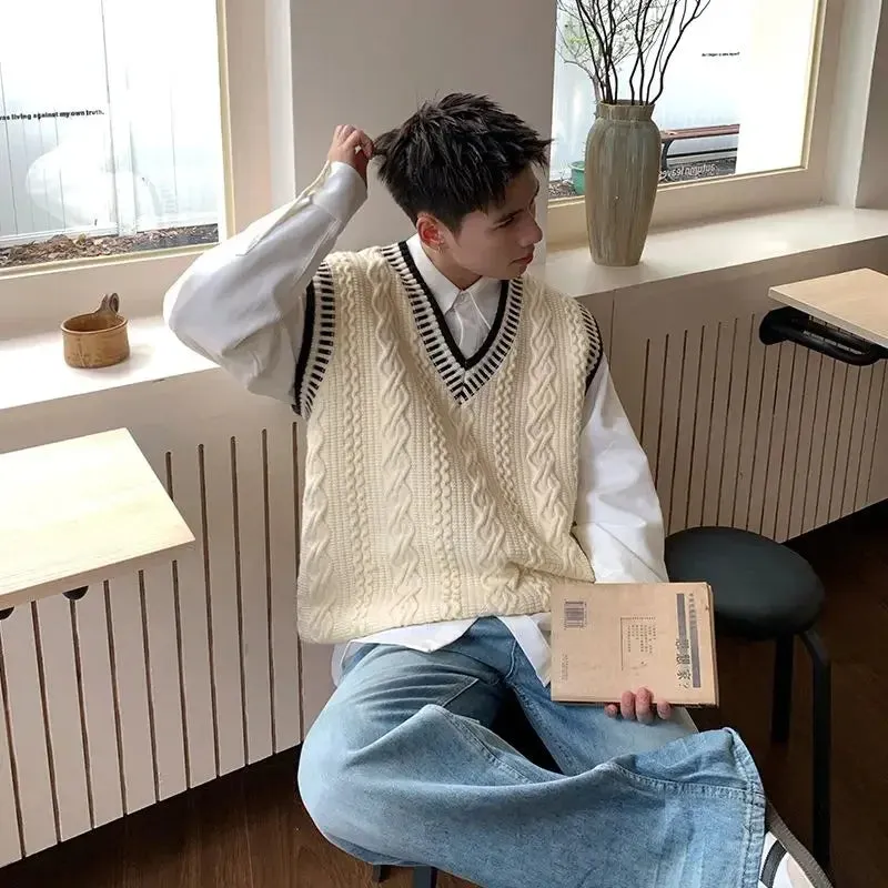 American Fashion Retro V-neck College Style Sweater Vest for Men Autumn and Winter Loose Casual Patchwork Couple Sweater Vest