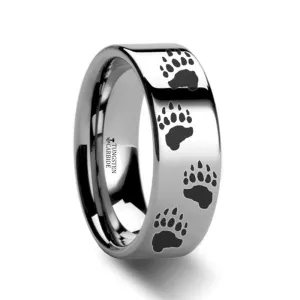 Animal Design Bear Paw Print Laser Engraved Flat Tungsten Wedding Ring for Men and Women - 4MM - 12MM