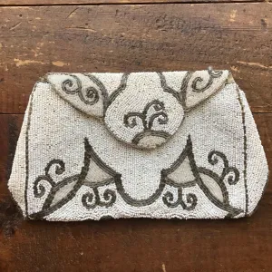 Antique Art Nouveau Beaded Clutch. Cream and Gold Evening Bag. Belgium Handbag.