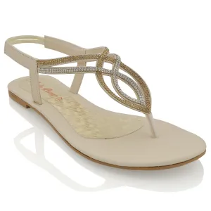 Arabella Diamante Detail Sling Back Strappy Low Heel Toe Post Flat Sandals for Women in Nude