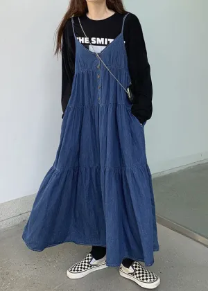 Art Blue Patchwork Wrinkled Denim Spaghetti Strap Dress Summer LY2129