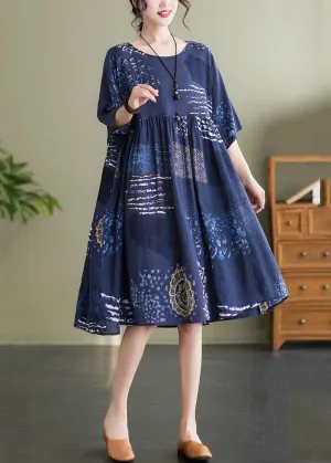 Art Navy O Neck Print Wrinkled Patchwork Cotton Mid Dresses Summer LY5634