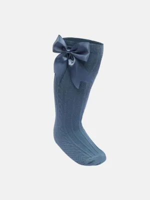 Baby Girl Elegant Cable-Knit Knee Socks with Satin Bow - Dark Blue