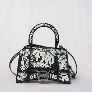 Balenciaga Hourglass Graffiti XS Black with white print shoulder bag