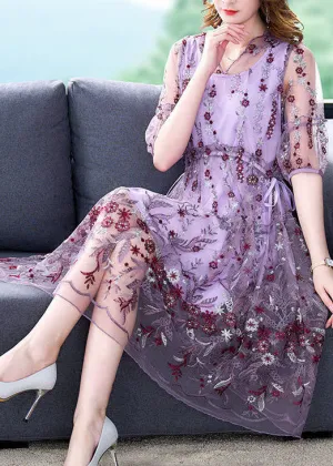 Beautiful Purple Embroideried Hollow Out Tulle Long Dress Summer TH1003