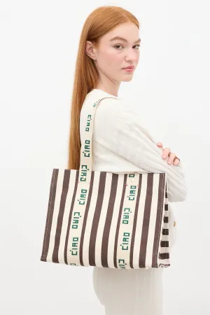 Beige & Brown Canvas Noemie Embroidered Striped Tote Bag