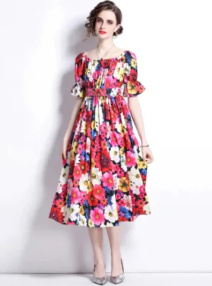 BerryBetty - Beach Short Sleeve Printed Elastic Waist Dress