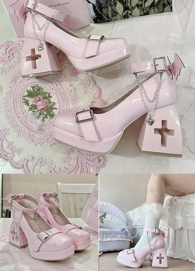 Bingo Jade Punk Devil Wings Cross Heart Silver Chains High Heels Shoes