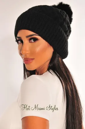 Black Cable Knit Pom Beanie