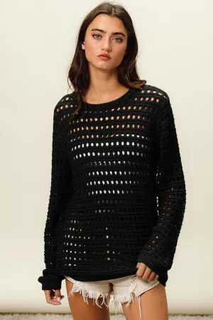 Black Round Neck Openwork Knit Cover Up