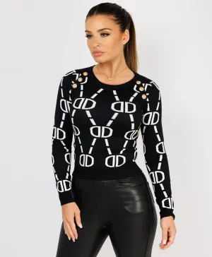 Black White D Patterned Monogram Knitted Gold Button Jumper Top