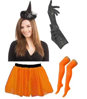 Black Witch Hat Headband with Diamante Spider Orange Tutu Skirt OTK Socks Black Long Lace Gloves Halloween Scary Witch Costume