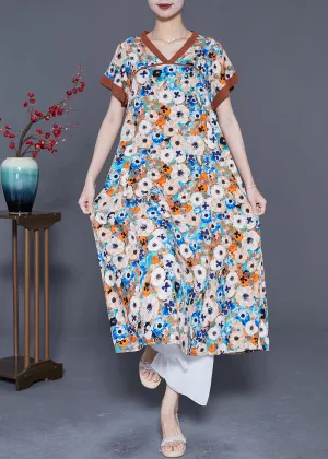 Blue Patchwork Cotton Holiday Dress V Neck Print Summer LY5386