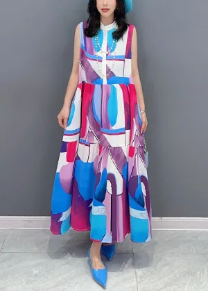 Blue Stand Collar Patchwork Long Dresses Summer LY4317