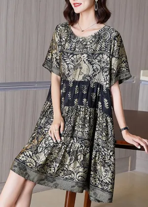 Boutique Gold O-Neck Print Wrinkled Patchwork Silk Dresses Summer TF1047