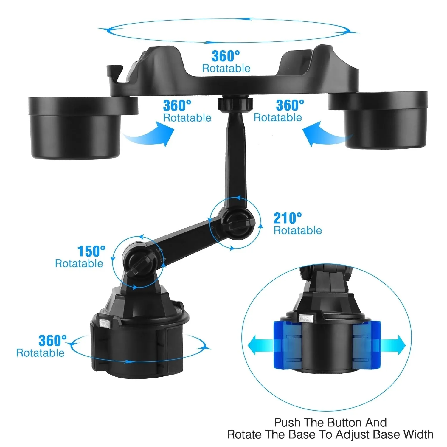 Car Cup Holder Expander Adjustable 360 Rotating Tray Bottle Holder Black ABS