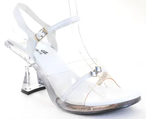 Clear Jeweled Heel White Sandal Women's Low Heels