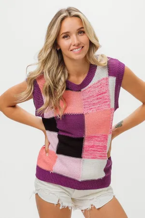 Color Block Crew Neck Sweater Vest in Purple