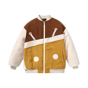 Corduroy lamb fleece patchwork embroidered ribbed hem cotton-padded jacket