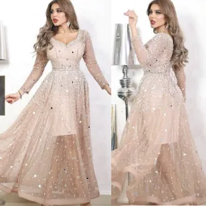 crystal prom dresses long sleeve champagne beaded luxury elegant arabic prom gown vestido Longo