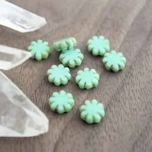 Daisy Flower Czech Pressed Glass Beads 9mm - Picasso Sea Green - 6 Beads - CB291