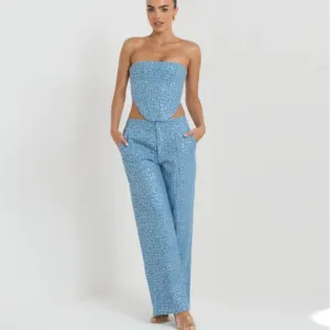 Denim Sequined Tube Top Wide Leg Pants Outfit Set