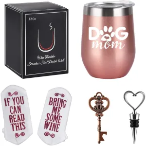 Dog Mom Wine Tumbler Gift Set With Wine Socks, Opener, and  Stopper - Rose Gold