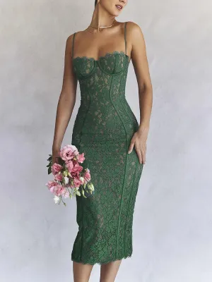DressBetty - 2024 Spaghetti Strap Lace Sexy Green Floral Dress