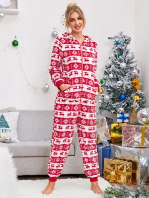 DressBetty - Christmas Hooded Jumpsuit Long Sleeve Zip Up Pajamas Warm Sleep Home Wear