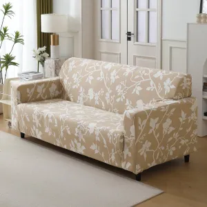 Elastic Stretchable Printed 140gsm Fully Covered Sofa Cover, Buff Brown Sillehoute Floral