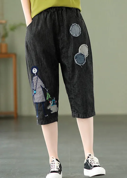 Elegant Blue Embroideried Print Elastic Waist Denim Crop Pants Summer LY1287
