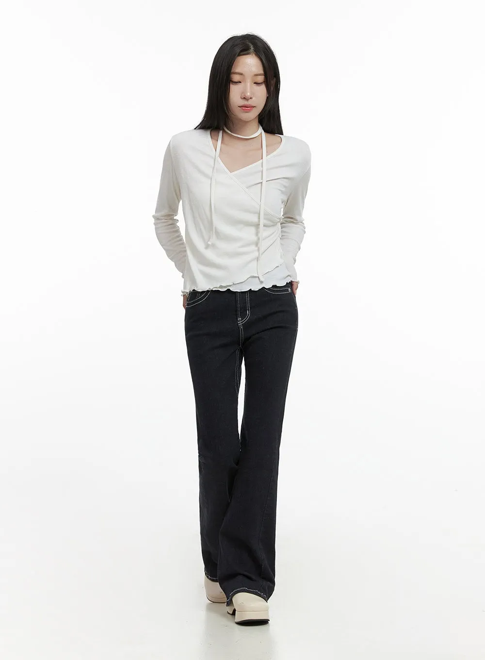 Elegant Buttoned Wrap Long Sleeve Top CS430