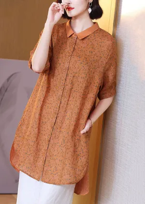 Elegant Orange Peter Pan Collar Print Patchwork Linen Shirts Top Summer LY6953
