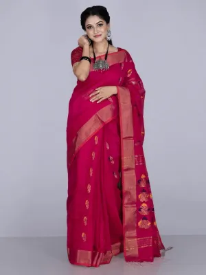 Elegant Rose Red Par Anchal Buti Handloom Saree