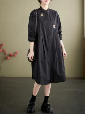 Embroided Loose Stand-Up Collar Shirt Dress