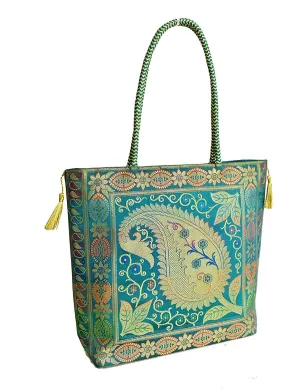 Embroidery Silk Handicraft Hand Bag, Shoulder, Tote Bag For Ladies (13 x 11.5 x 7.5 Inches, Leaves & Flower, Green Color)