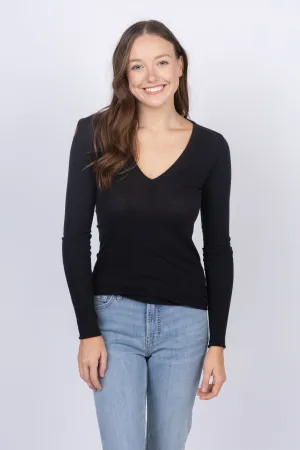 Enza Costa Cuffed V-Neck Tee in Black