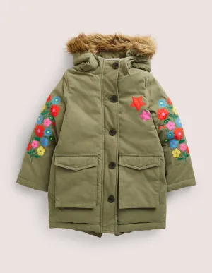 Floral Sleeve Longline Coat-Army Green Floral