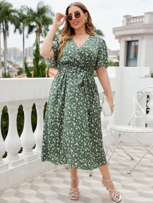 Floral Surplice Tie Waist Dress Plus Size
