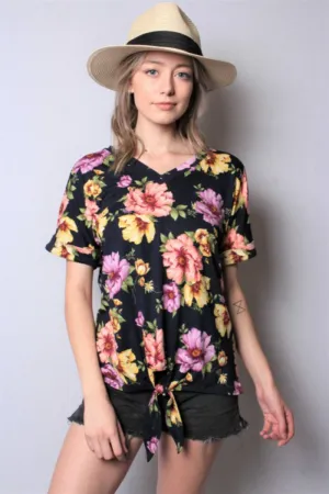 Floral V Neck Top Front Knot