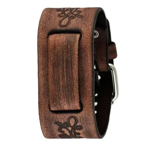 Flower Embossed Distressed Brown Leather Ladies Cuff