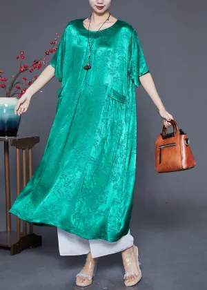Fluorescent Green Silk Maxi Dresses O-Neck Pockets Summer LY6540