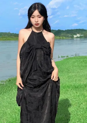 French Black Halter Bow Wrinkled Maxi Dress Summer ML3046